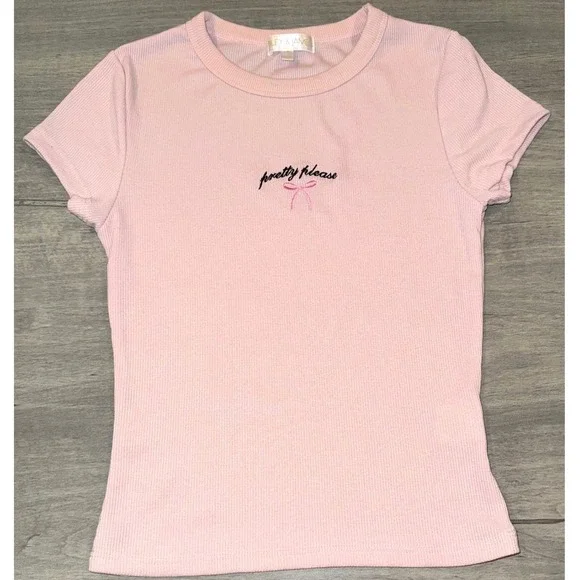 Riley James Ribbed T-Shirt Pretty Please Pink Bow Embroidered Top Short Sleeve S - Picture 2 of 6